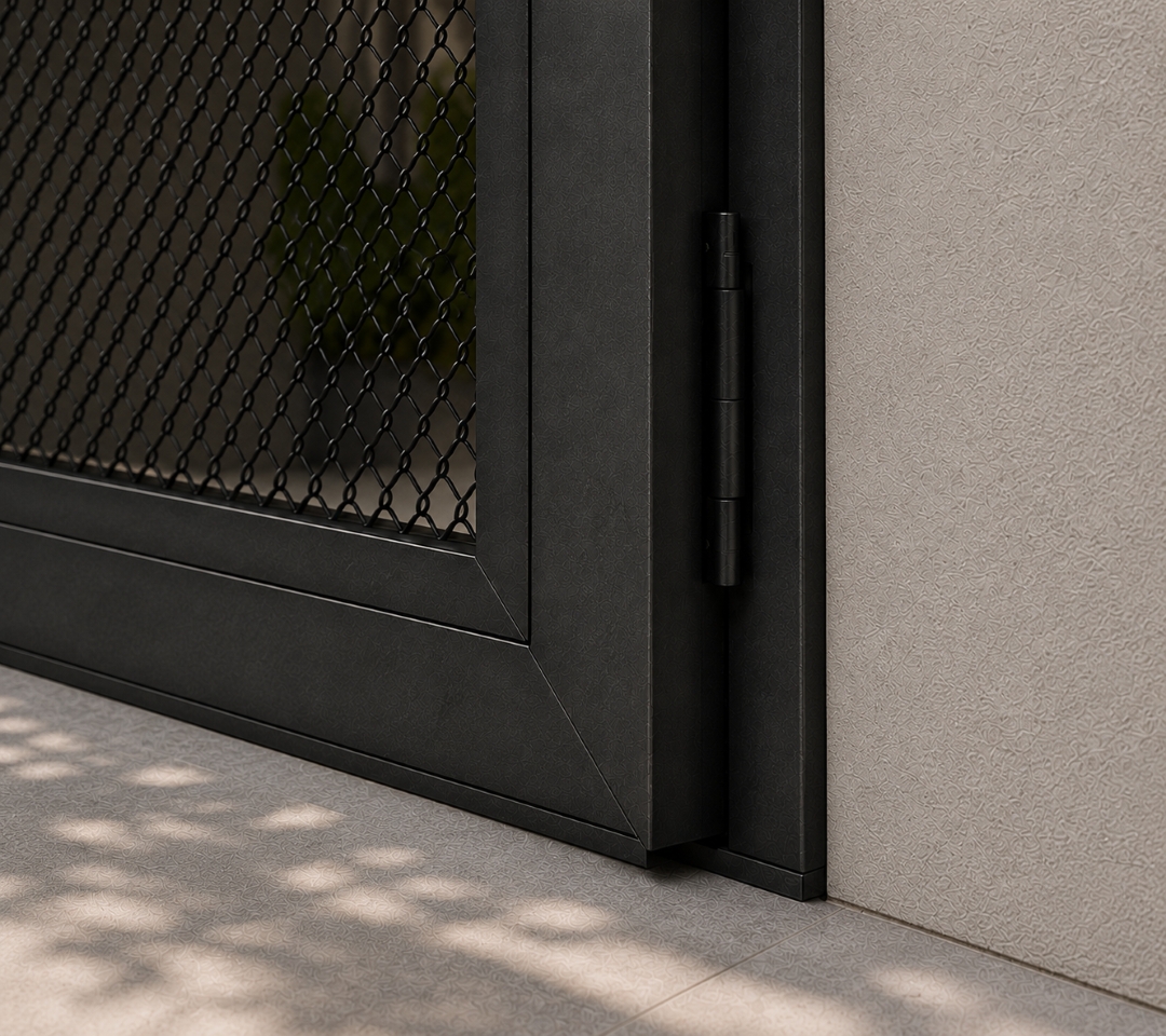 Thick and durable aluminum security mesh door frame.