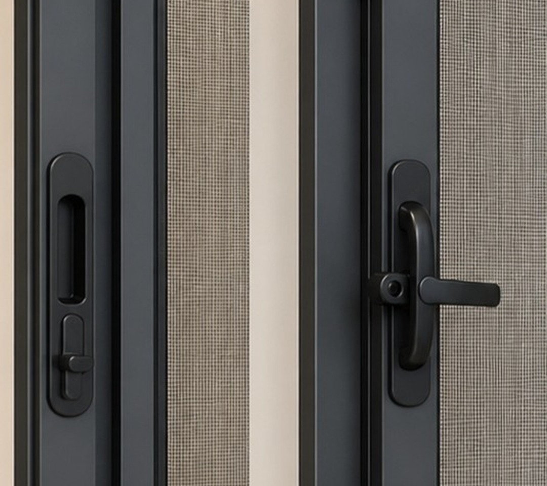 Different styles of security mesh windows opening handles.